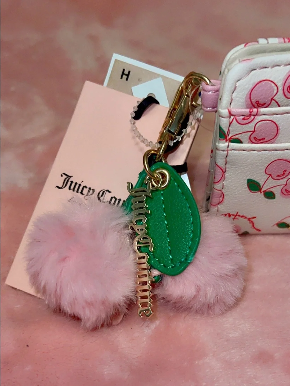 Juicy Couture Soft White and Pink Cherry Card Holder with Pink Cherry Pom Charm